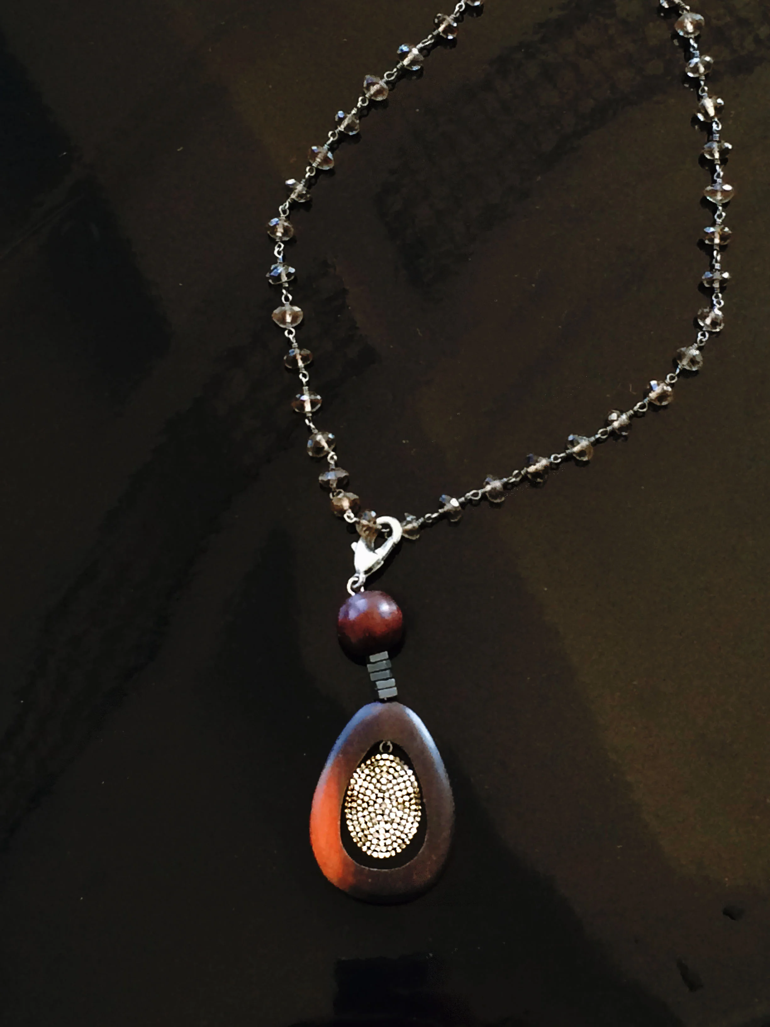 topaz bead necklace/ wooden and diamond pendant/n197