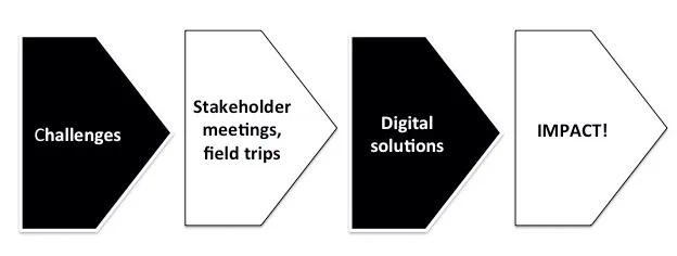 Mentors with technical, business and subject matter expertise work closely with the innovators on all aspects of the project – from articulating the challenge, to planning and conducting stakeholder meetings and field trips, to identifying data that is needed, to designing and coding a solution, to telling the story.
