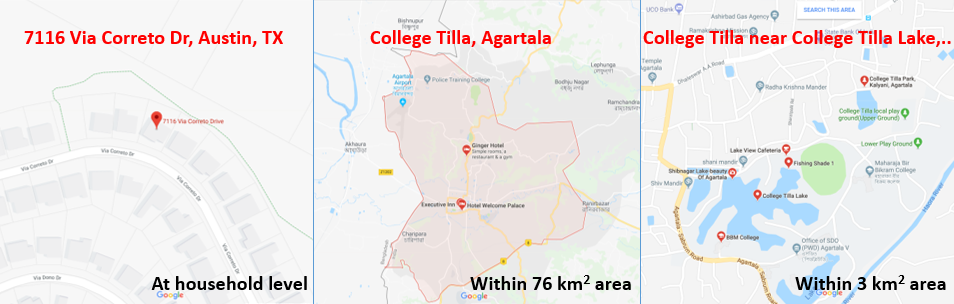 Figure 2: Most addresses in the developed world resolves within a narrow area, where those in India can resolve anywhere from town to a locality to (rarely) at a house level