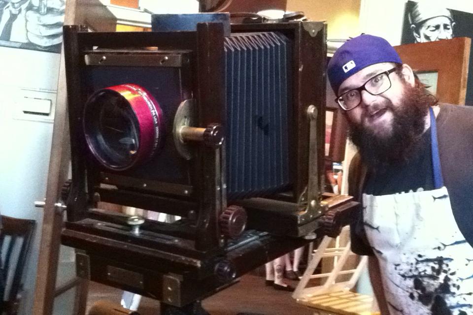 Bryan showing off the Barbatype Wonder-Camera. It's an Ansco-View 5x7 from the 1920's. The big red lens is re-purposed from a slide projector. We are resourceful and thrifty people here, in Project Barbatype.