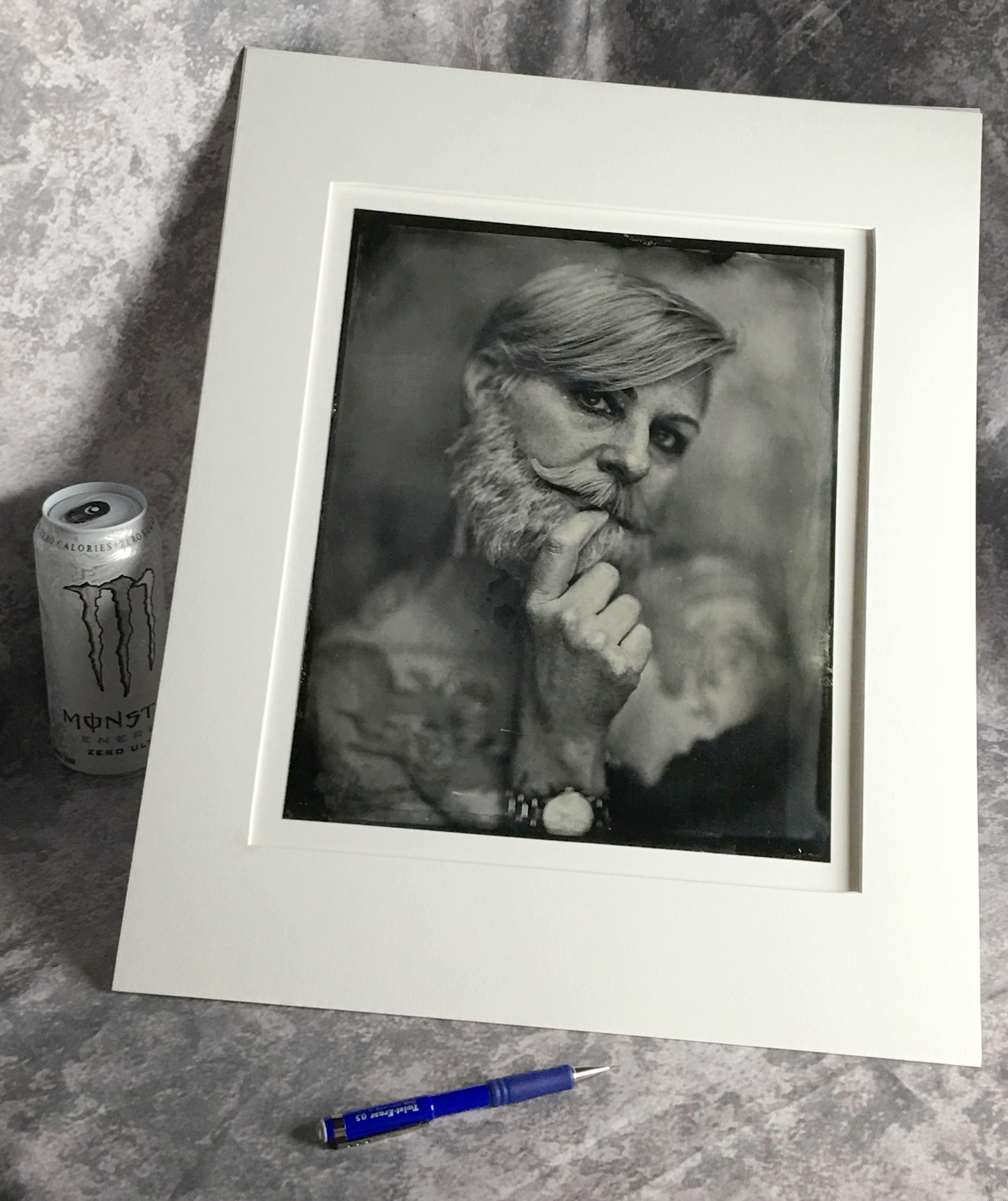 11" x 14" Project Barbatype print in a 16" x 20" window mat. Purchases are for print only. Pencil and can are in the photo to show scale.