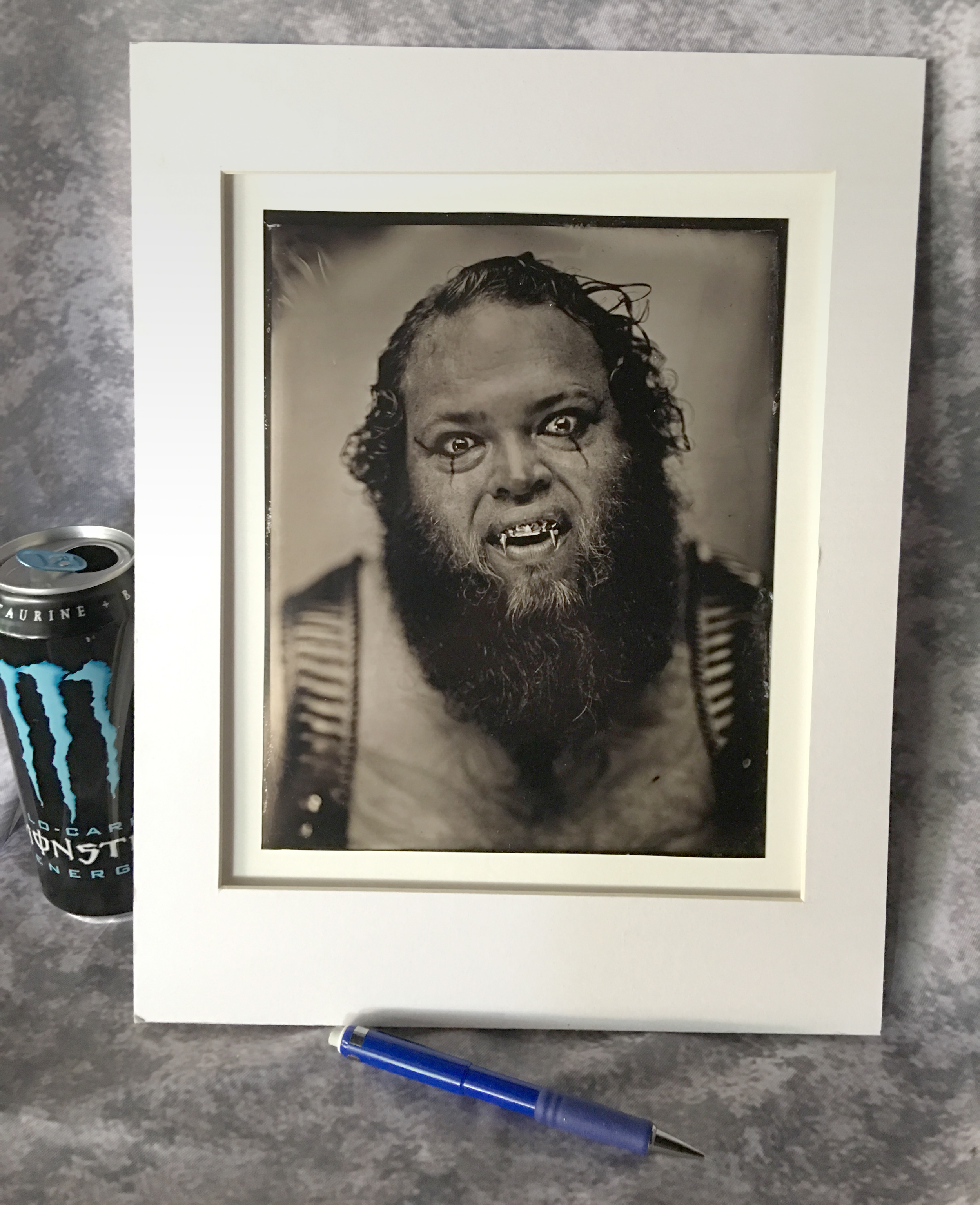8" x 10" Project Barbatype print in a 11" x 14" window mat. Purchases are for print only. Pencil and can are in the photo to show scale. That, and I love mechanical pencils and Monster.