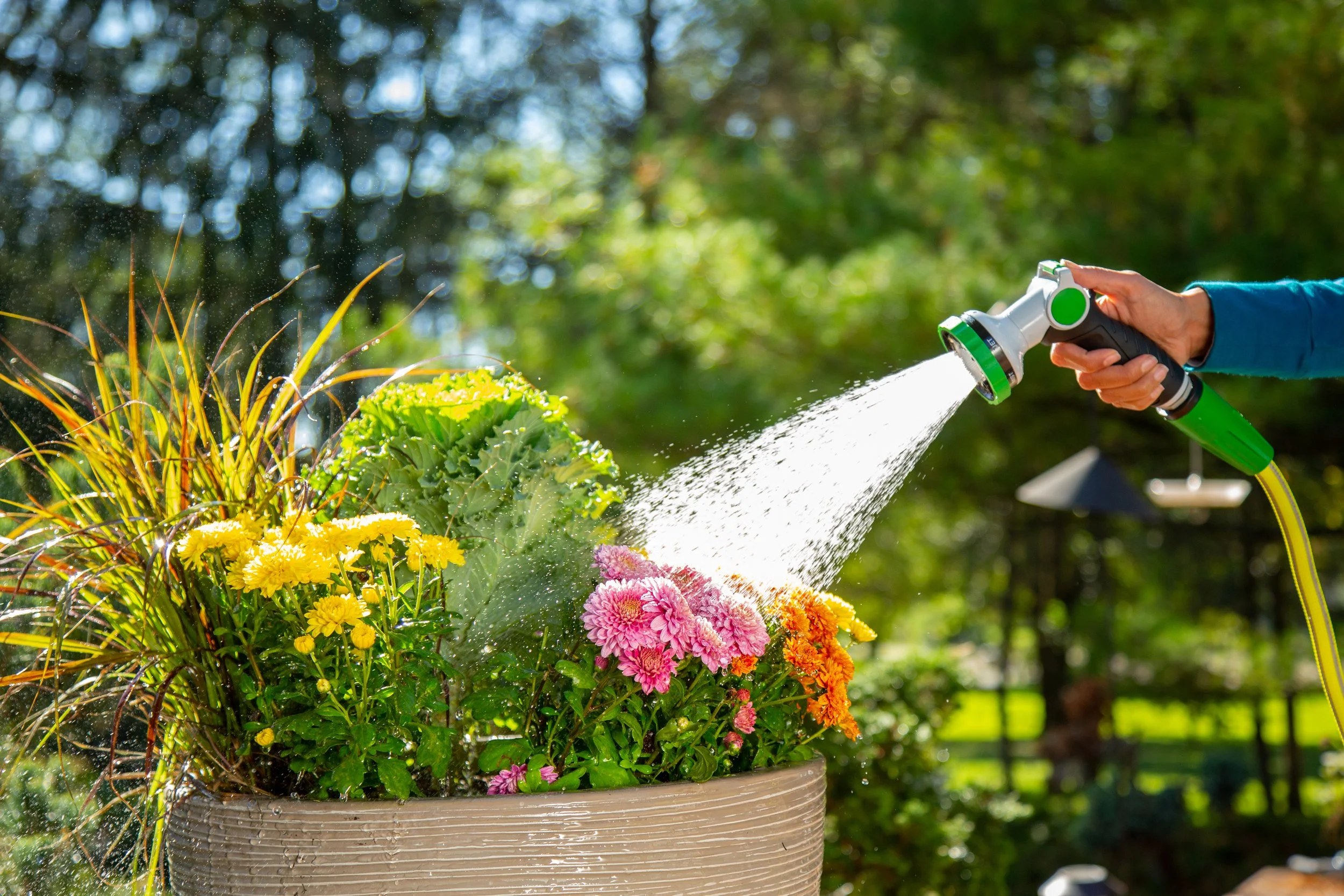 Watering flowers with a Gardien spray nozzle