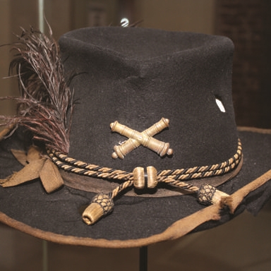 This officer’s slouch hat belonged to Capt. Hezekiah Easton of the 1st Pennsylvania Lt. Artillery. Easton was killed in this hat in battle at Gaines Mill, Va. in 1862.