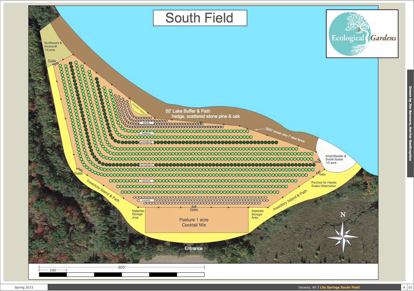 These plans, designed by Paula Westmoreland of Ecological Gardens and drawn by Jim Barmore of Harrier GeoGraphics, show a preliminary layout of our hazelnut operations. 