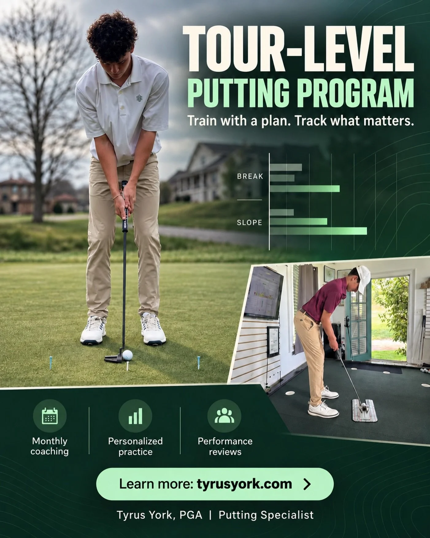 Better putting starts with knowing what to practice.

My Tour-Level Putting Program pairs monthly in-person coaching with stat tracking, a personalized practice plan, and progress reviews. We use what&rsquo;s happening on the course and in practice t