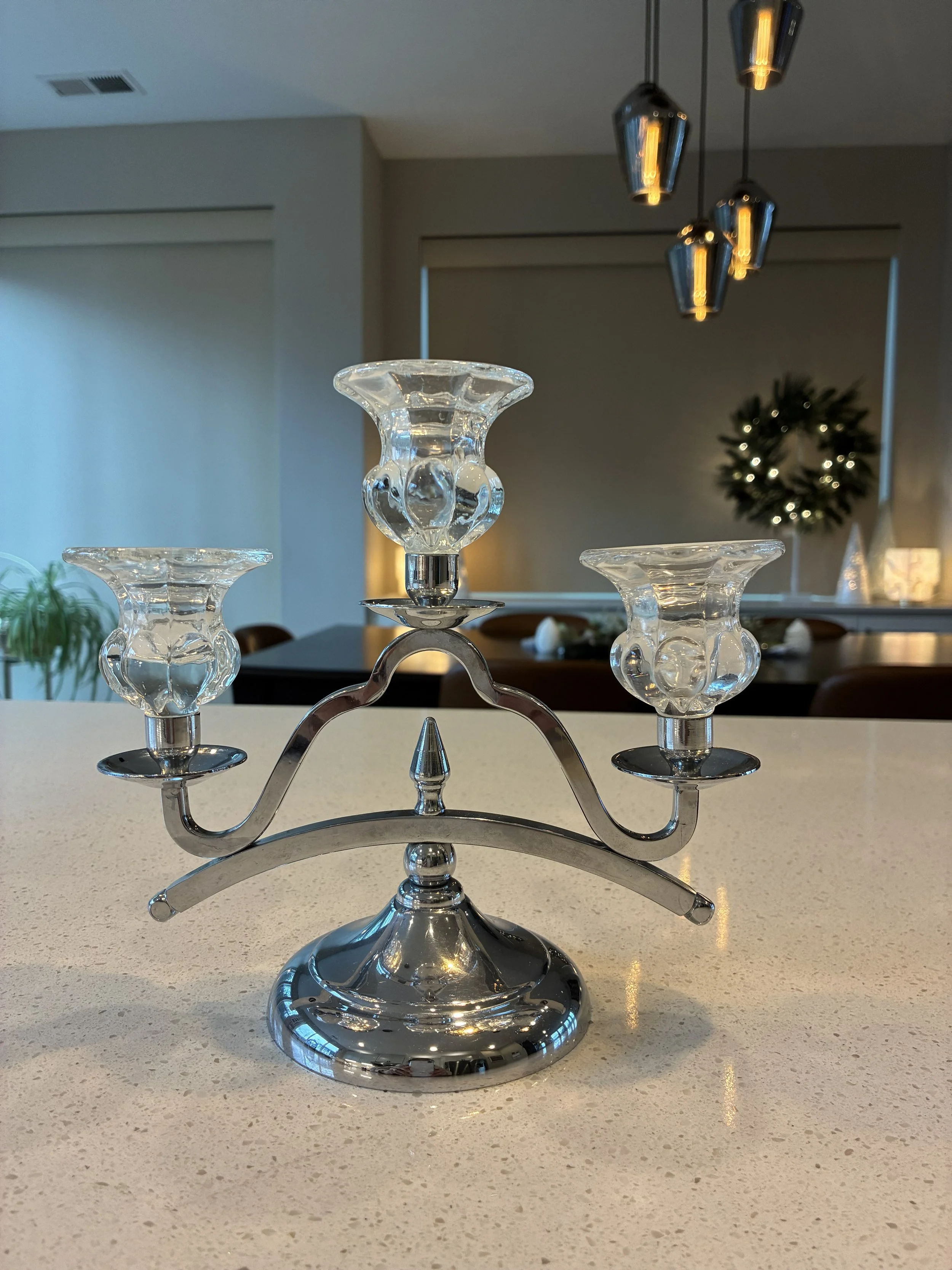 Cambridge Glass Company and Farber Brothers Krome-Kraft Three Light Candelabra.  Clear Glass removable glass candleholders.  Crystal color.  Vintage Mid-Century Art Deco style.