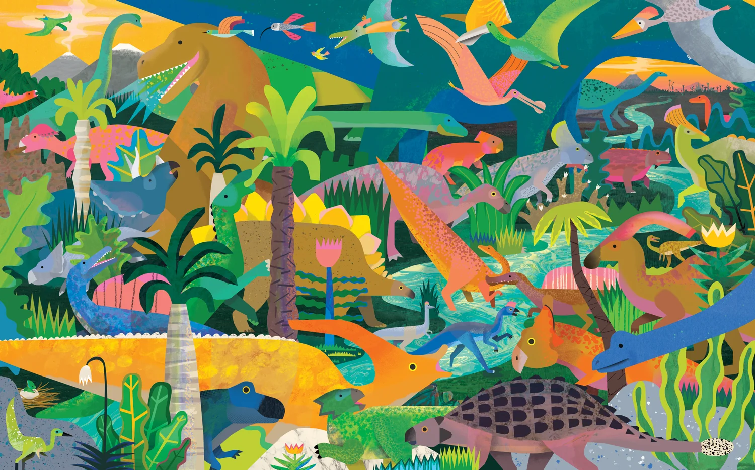 Dinosaur Puzzle Mudpuppy’s Dinosaurs Search & Find Puzzle is double the fun! First, children can piece together the 64 piece puzzle featuring diverse and colourful dinosaurs living in the forest. After putting the puzzle together, children can test their observation skills to find the 40+ dinosaurs, insects, and plant life in the border around the puzzle image. They are all there, can you find them?