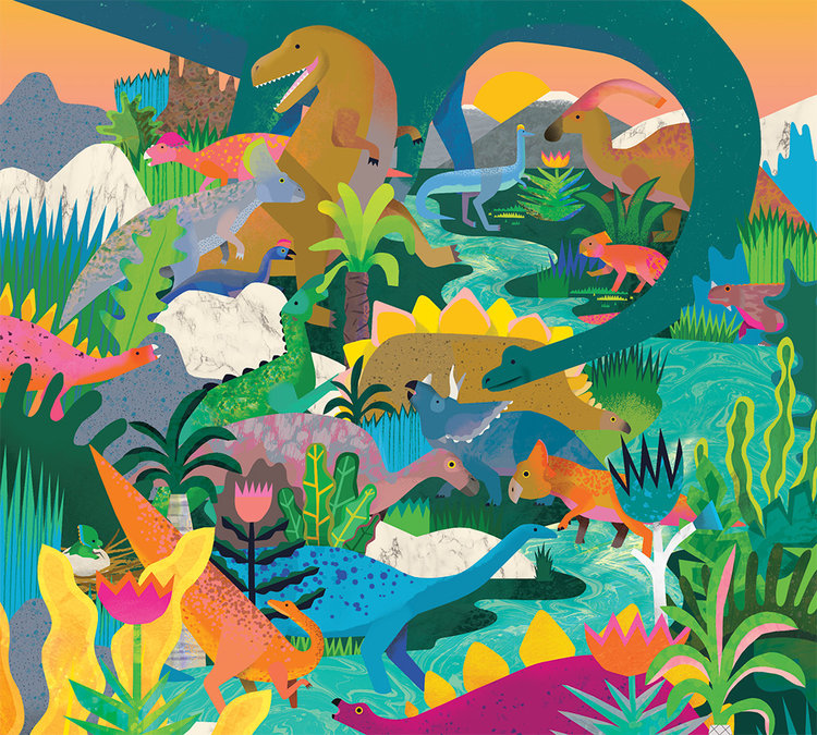 Dinosaurs The wild and wonderful world of dinosaurs. Lot's of concealed surprises for children to find. Adapted from a previously made illustration for Mudpuppy.