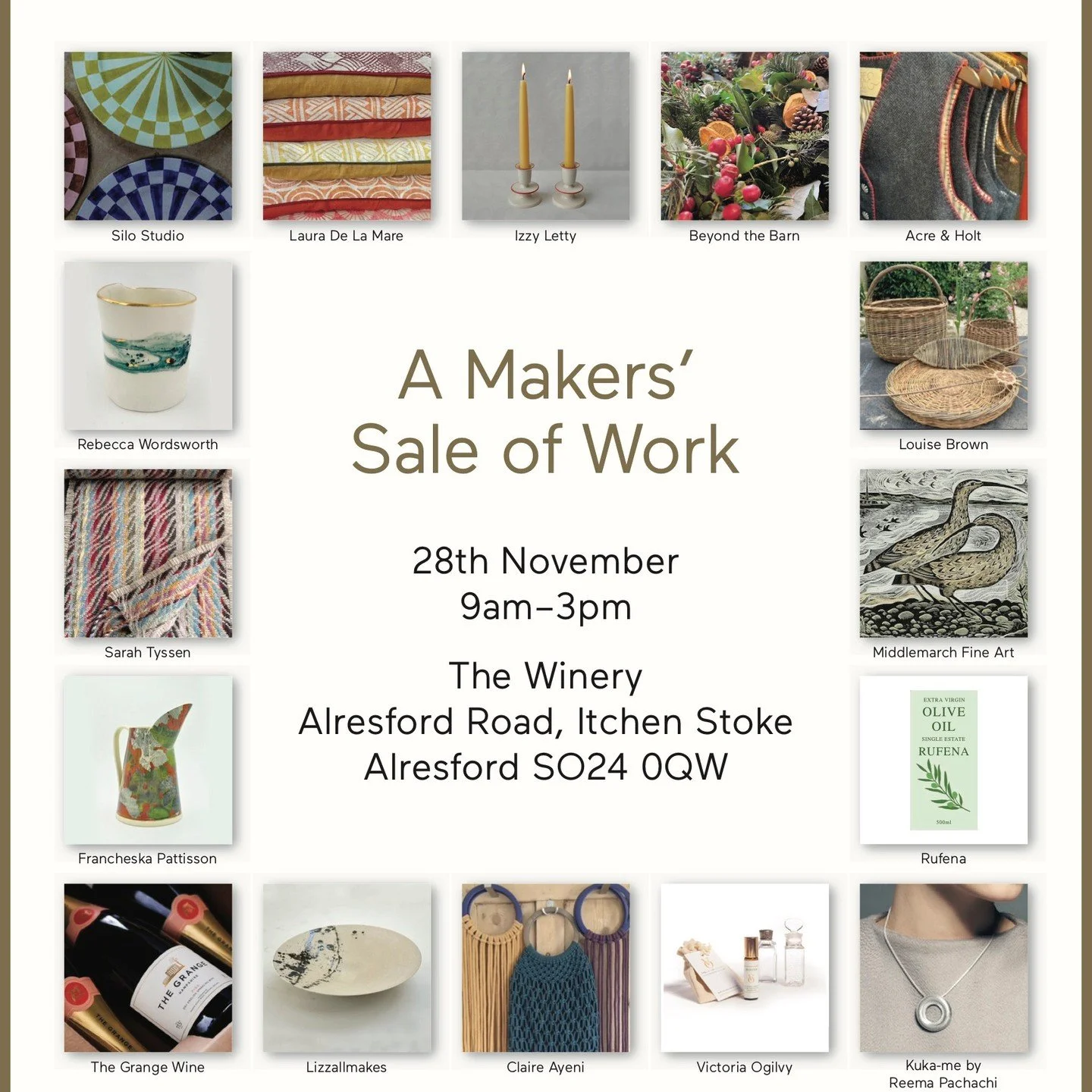 Thursday 28th November !!
After last year’s rip-roaring success, The Grange in Hampshire are once again hosting the ‘Makers’ Sale of Work’. There will be a fabulous array of makers on show, each laden with beautiful things to