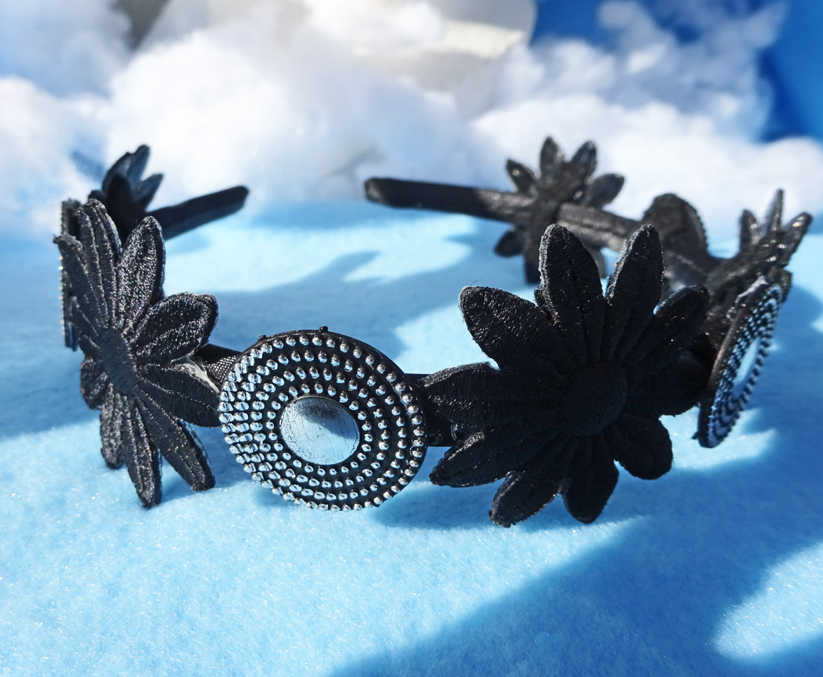 Art Deco Black daisy silver disk headband.jpg