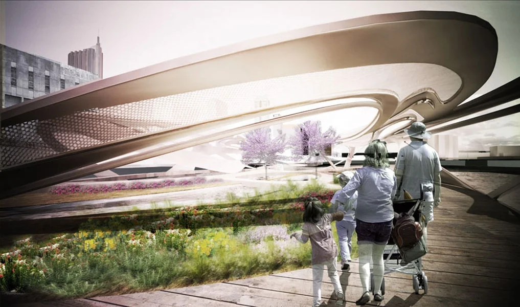 Xenogenesis: the supposed production of offspring markedly different from either parent. Competition for City of Austin proposed redevelopment of industrial waterfront site. Design was driven by concept of fluidity of landscape, water, and structure. A formal strategy of strands was carried throughout the project in order to reinforce our concept of fluidity between artificial and natural structures.