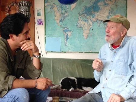 Tim interviewing Pete Seeger about his famous protest song, “Deportee (Plane Wreck at Los Gatos),” September 2013. Photo Credit: Anthony Cody.