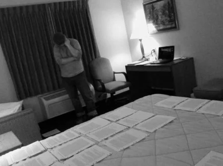 In a hotel room in Sterling, Colorado, putting together the manuscript for Mañana Means Heaven.