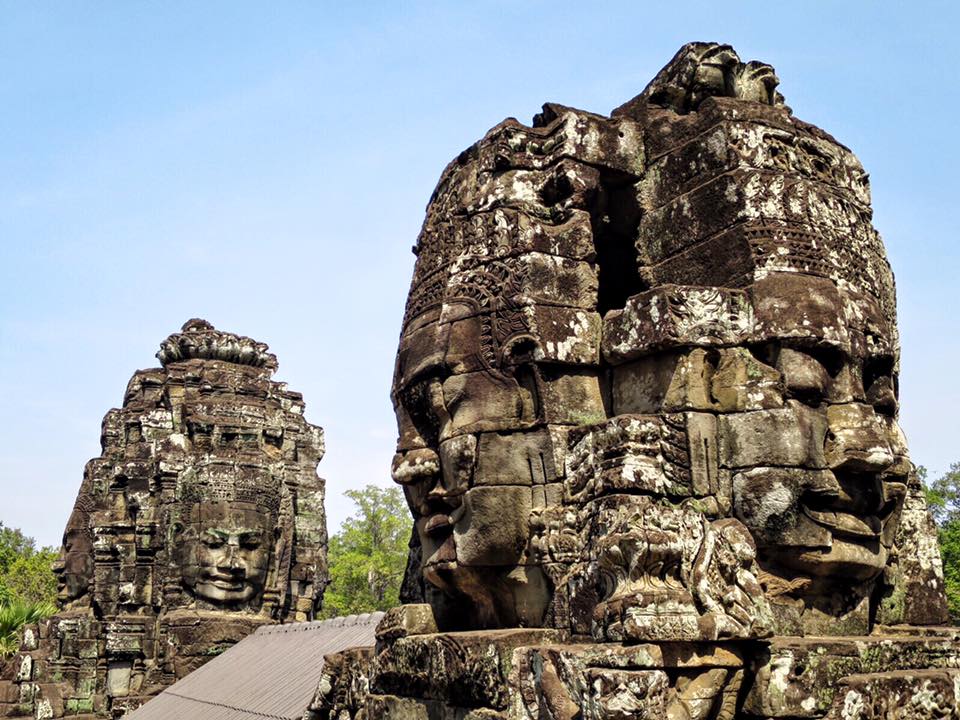 The giant smiling faces at Bayon Temple in Angkor Wat. Even though there are over 200 faces in this ancient Buddhist temple, each one has its own unique facial features. Collectively, they're dubbed "The Mona Lisa of Southeast Asia".