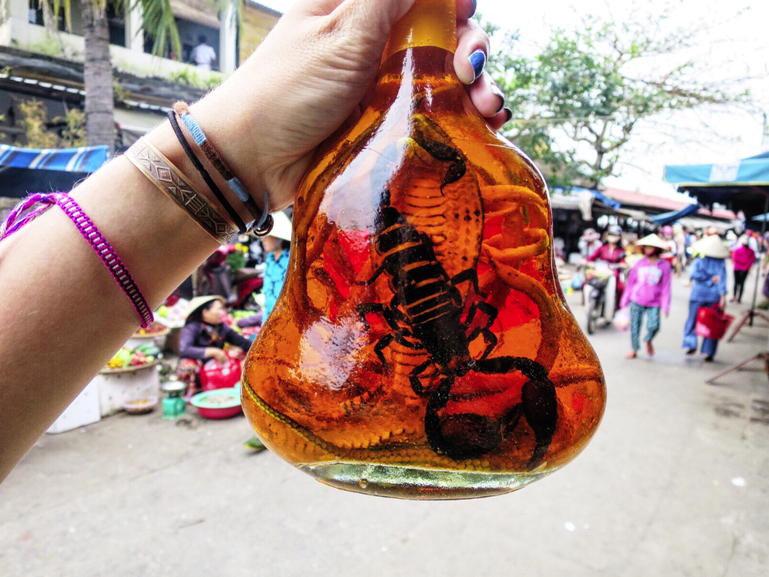 Scorpion + Cobra wine in the market of Hoi An, Vietnam. I'm finding countless things I want to bring home, but hesitate because I'm wary of getting all my cool shit taken away at customs. I found a window box containing dried bats in Saigon & a tray of pinned jewel-colored beetles in Phnom Penh.