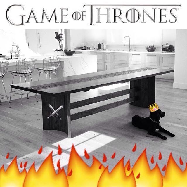 My dining table is now under the faithful watch of Jet aka Protector of the Fireside aka Lord of Labs aka the Panting Prince aka Mulchslayer! #jawwoodshop #firesidecollection #customfurniture #gameofthrones