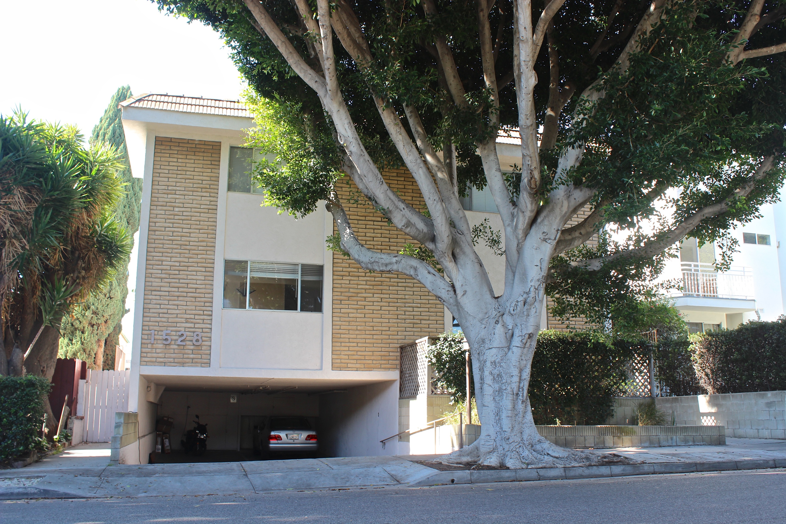 Building with large tree in front obscuring the carport area.