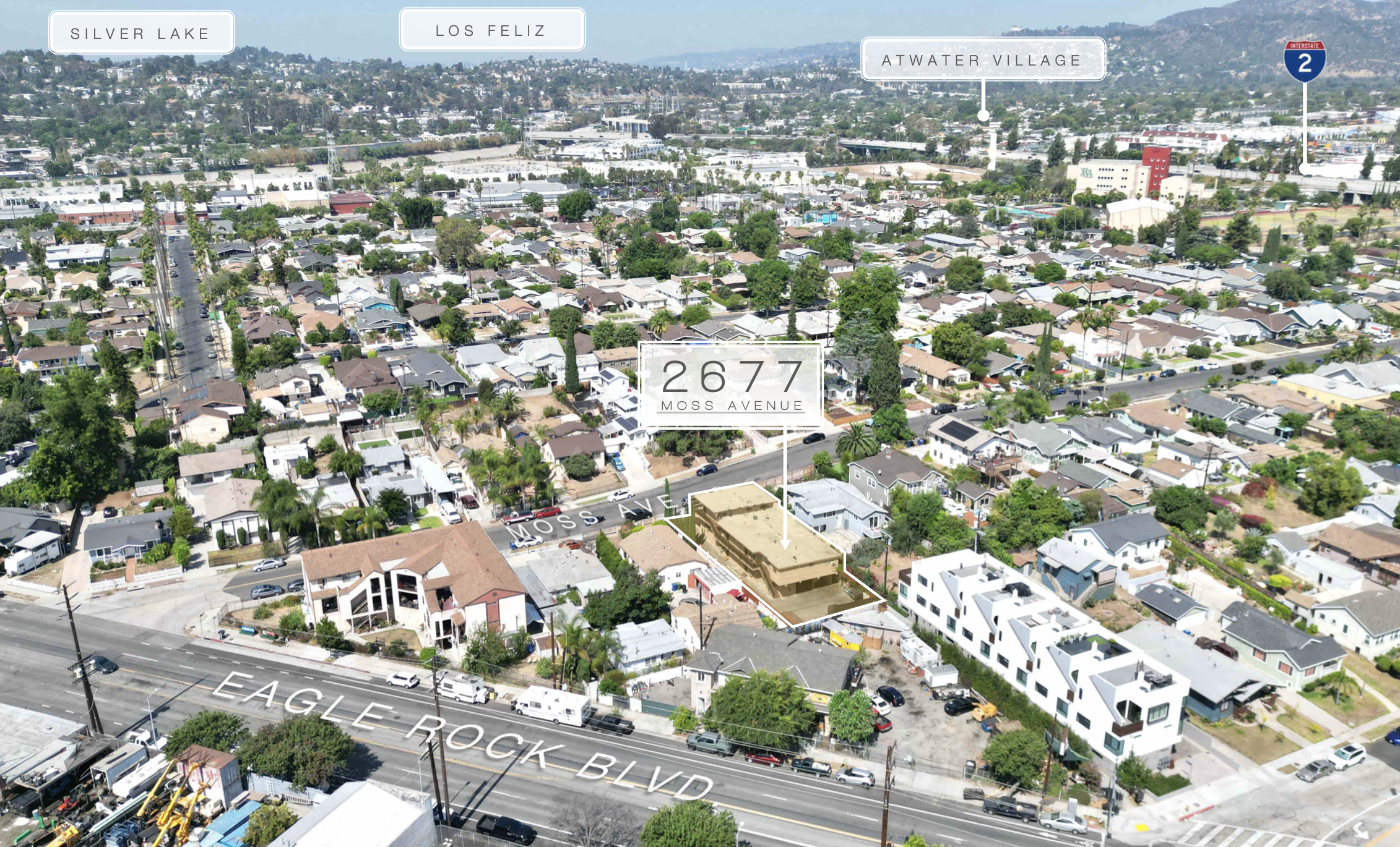 Aerial snapshot with 2677 Moss Avenue, bordered by Silver Lake, Los Feliz, and Atwater Village.