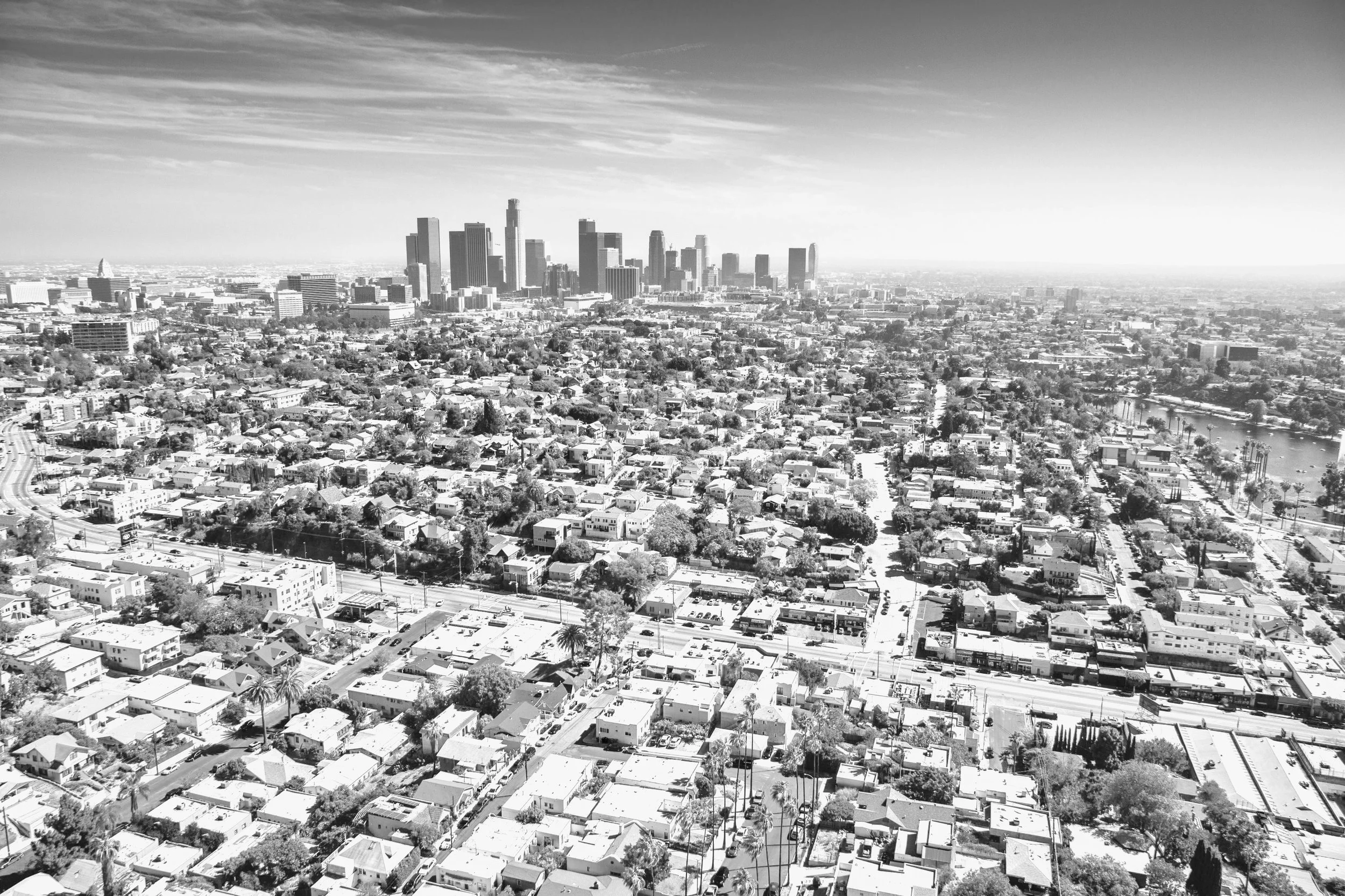 A bird's eye view of Los Angeles, CA, USA captured in black and white