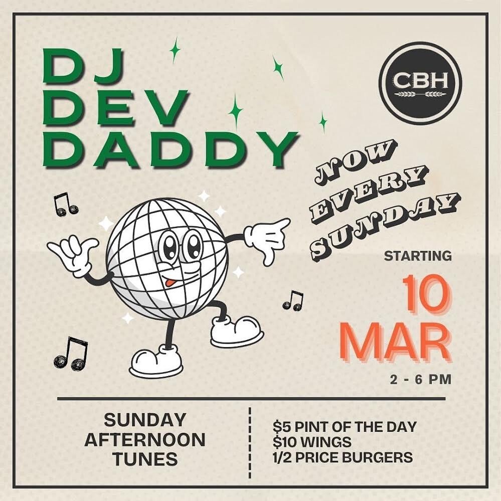 DJ @devdaddy___ EVERY SUNDAY AFTERNOON 2pm-6pm! Come chill tomorrow. Sunday specials on all day! 🎶🍻🥳