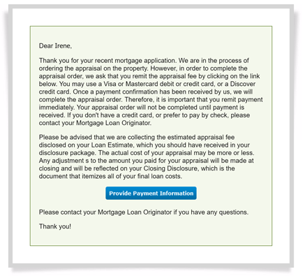 The borrower receives a professional email with links to the secure payment page and instructions.