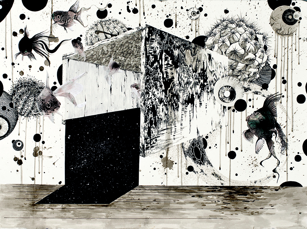 From There to Here, 22"x35", Ink and printed images on paper, 2011