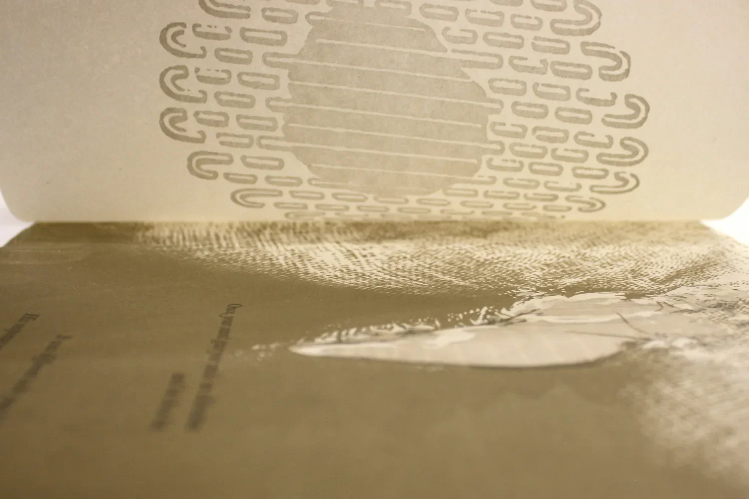  Silk screen, letterpress, and blowouts on handmade abaca and cotton paper (2017) 10” x 11”  This book explores the concept of an invisible mend, contrasting the mend of a garment with the attempt to mend a relationship.  A darning stitch is a sewing