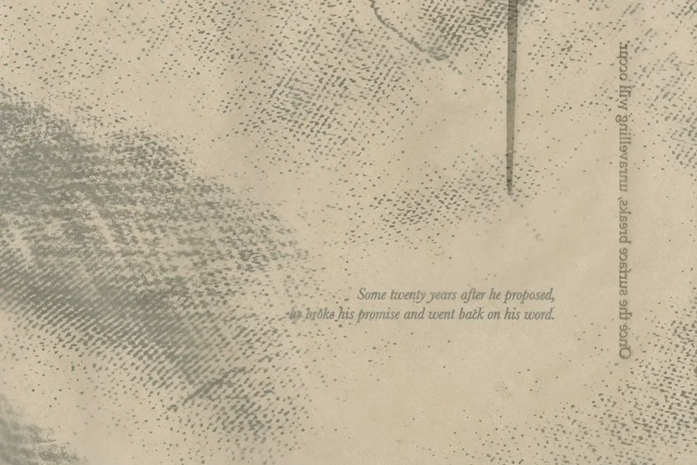  Silk screen, letterpress, and blowouts on handmade abaca and cotton paper (2017) 10” x 11”  This book explores the concept of an invisible mend, contrasting the mend of a garment with the attempt to mend a relationship.  A darning stitch is a sewing