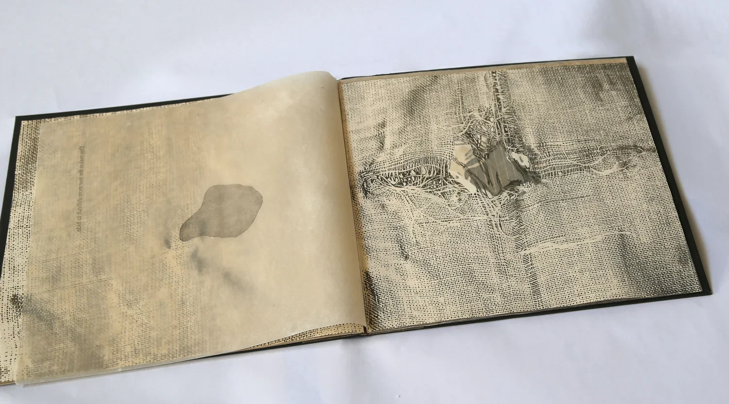  Silk screen, letterpress, and blowouts on handmade abaca and cotton paper (2017) 10” x 11”  This book explores the concept of an invisible mend, contrasting the mend of a garment with the attempt to mend a relationship.  A darning stitch is a sewing