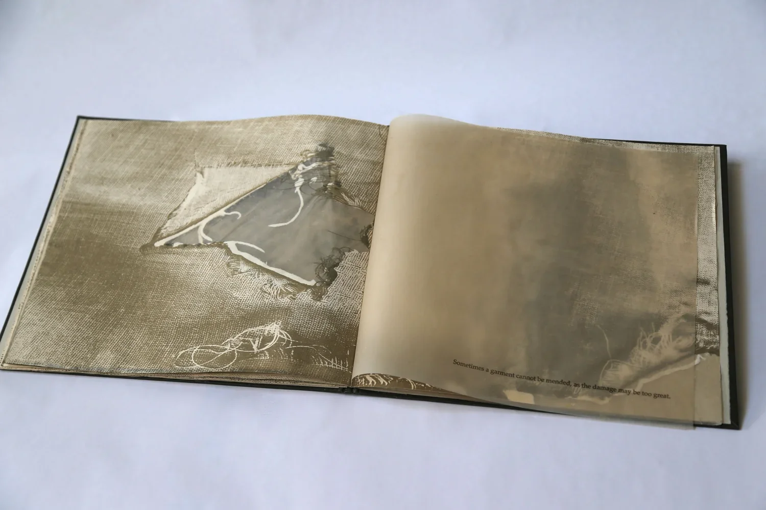  Silk screen, letterpress, and blowouts on handmade abaca and cotton paper (2017) 10” x 11”  This book explores the concept of an invisible mend, contrasting the mend of a garment with the attempt to mend a relationship.  A darning stitch is a sewing