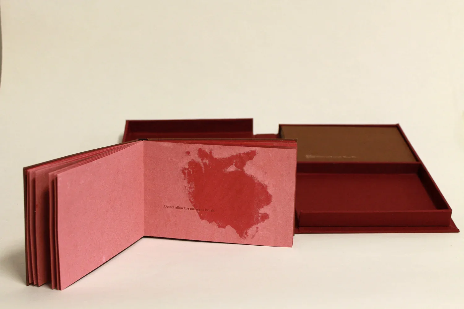  Consists of two books: a 6” x 4” accordion and a 4” x 6” drum leaf simple case bound book. The text was printed on a Vandercook SP-20 using type handset in 10 pt.&nbsp;Baskerville&nbsp;on handmade paper. The imagery was created using pulp painting, 