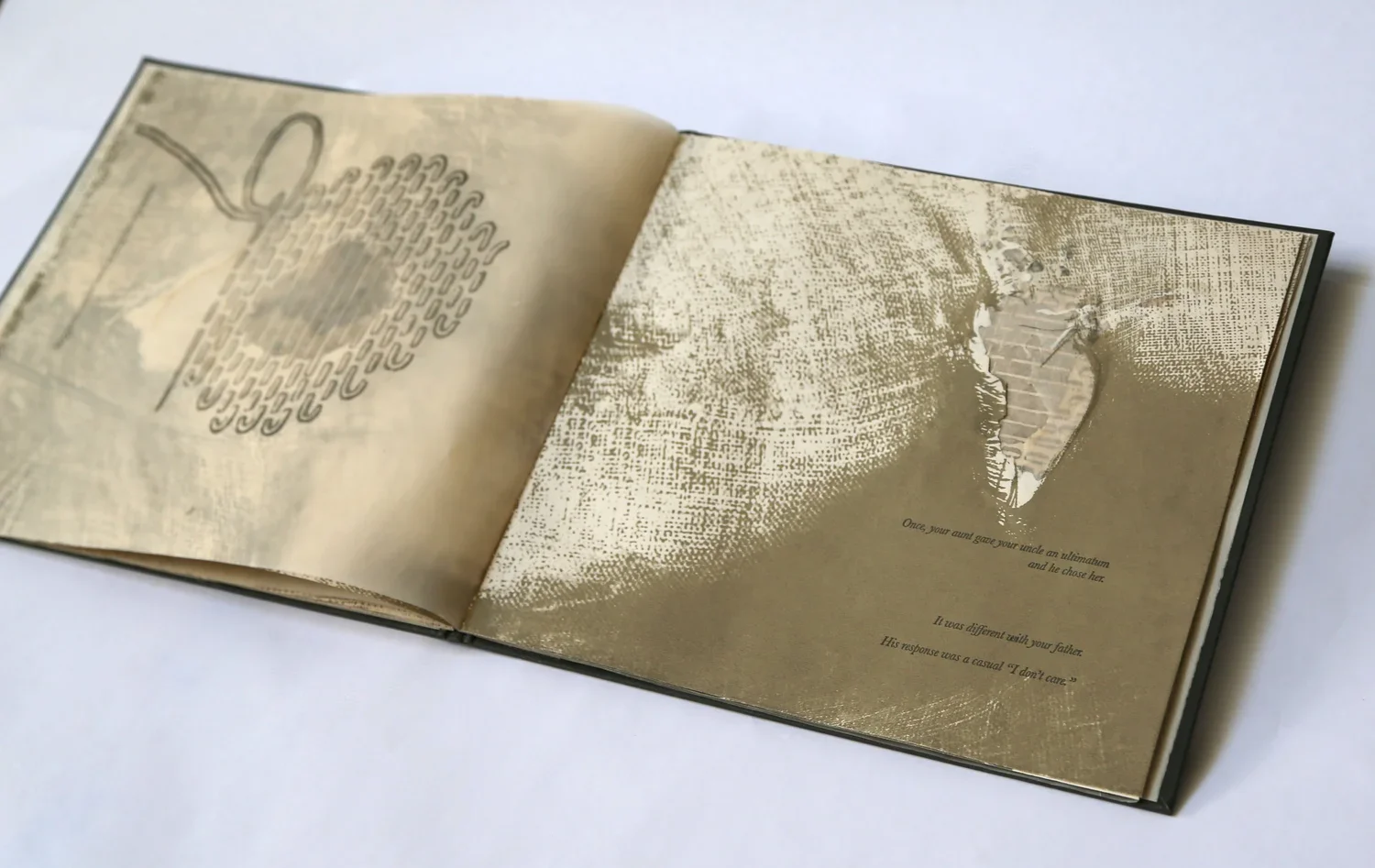  Silk screen, letterpress, and blowouts on handmade abaca and cotton paper (2017) 10” x 11”  This book explores the concept of an invisible mend, contrasting the mend of a garment with the attempt to mend a relationship.  A darning stitch is a sewing