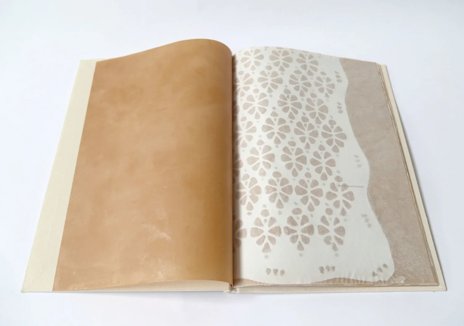  The inspiration for this book comes from considering the way clothing imposes and impresses itself on the body. The pages alternate between cotton blowouts of lace patterns on translucent abaca and flesh toned sheets of paper embossed with the same 