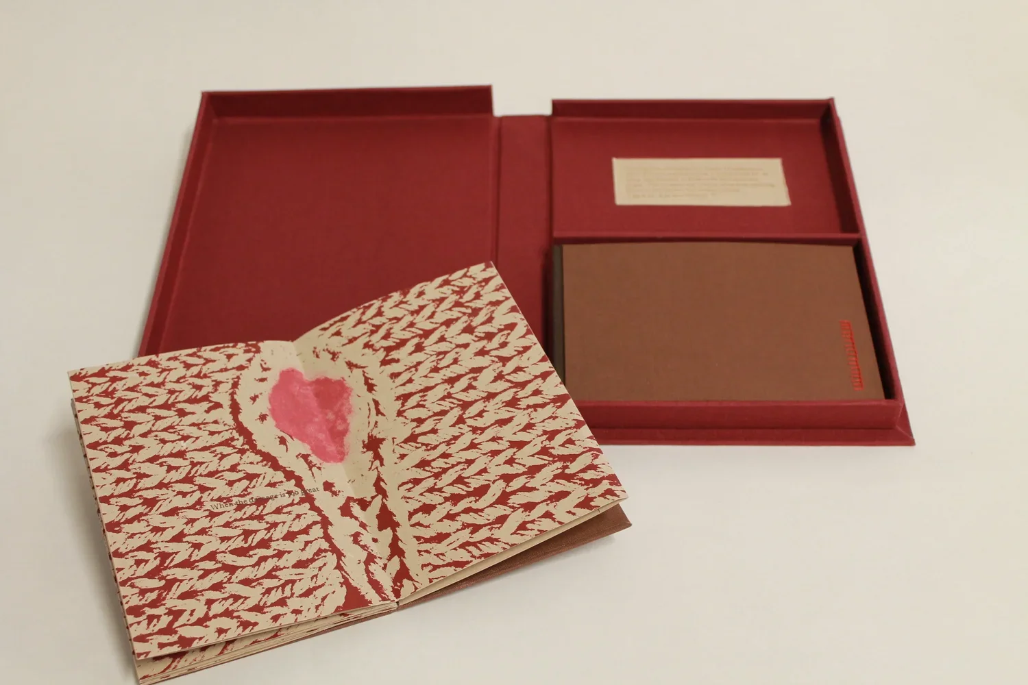  Consists of two books: a 6” x 4” accordion and a 4” x 6” drum leaf simple case bound book. The text was printed on a Vandercook SP-20 using type handset in 10 pt.&nbsp;Baskerville&nbsp;on handmade paper. The imagery was created using pulp painting, 
