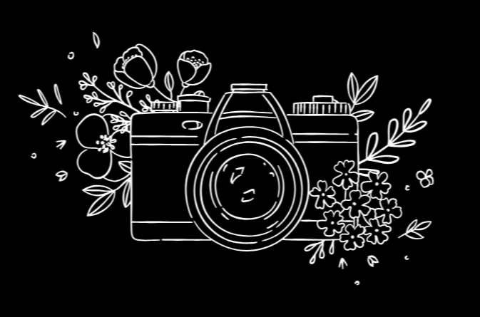 A white line drawing of a vintage camera surrounded by various flowers and leaves on a black background.