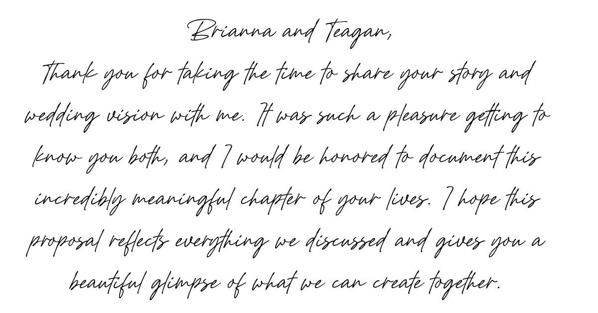 A handwritten wedding thank you note addressed to Brianna and Teagan, expressing gratitude and sharing positive sentiments about their story and wedding vision.