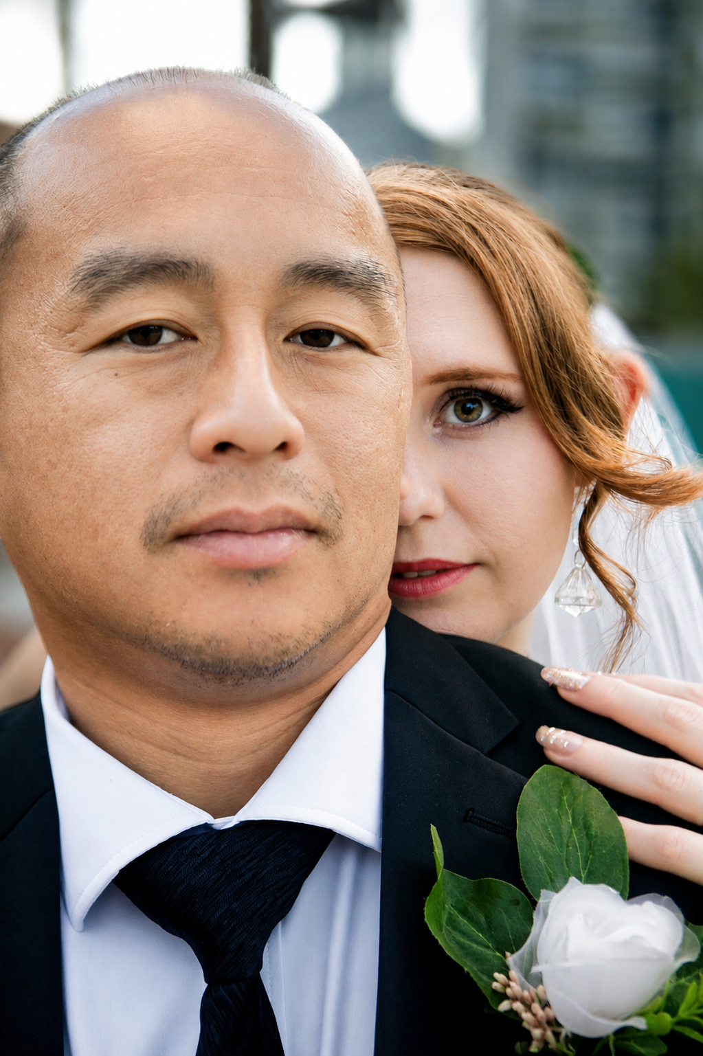 Rana and Nick during their intimate elopement in Mesa, Arizona, photographed by TallulahMade Photography. This romantic wedding portrait captures the couple celebrating their marriage against the warm desert architecture of Mesa, blending candid conn