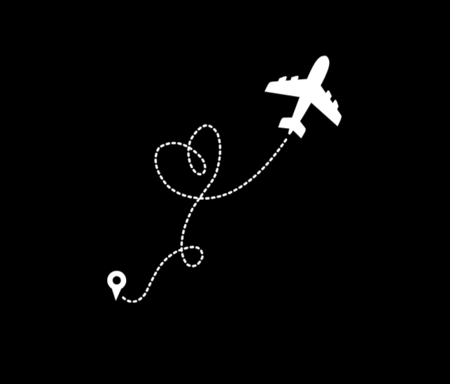Silhouette of an airplane with a dashed flight path forming a heart shape on a black background.