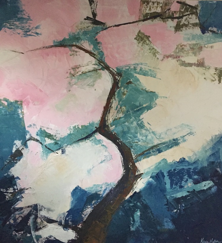 Karen Mateer - As I walk in and out of my bathroom many times during the day, I see my oil painting I did last year in a palette knife class. It may have been inspired by Van Gogh's words "I never get tired of the blue sky." Or it may just have happened by chance that I painted the different blues in the sky because they simply were beautiful. In any case, I'm grateful for the many wonderful 'blue' moments and smiles it produces each day.