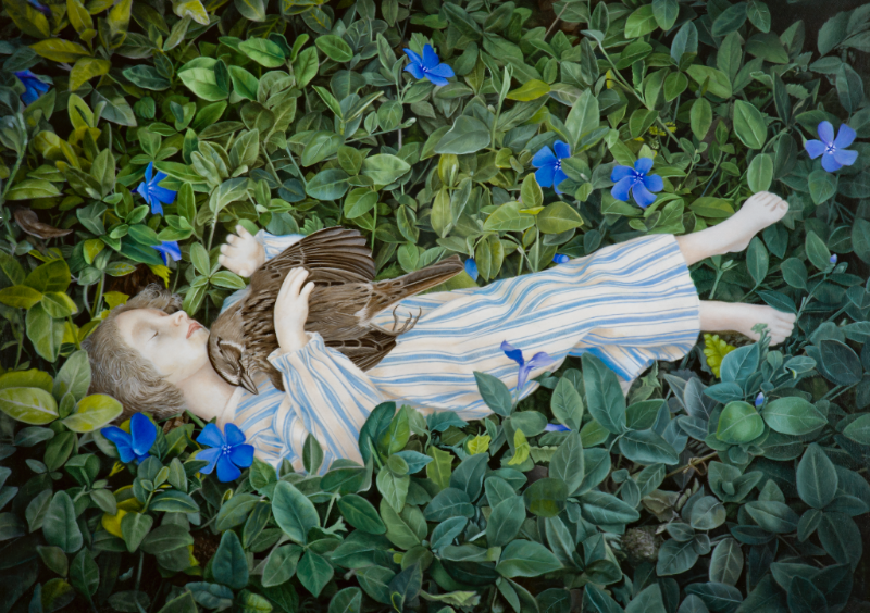 Pathos In The Periwinkle , oil, archivak ink, silver leaf on birch panel, 10 1/4 x 13 1/2", 2018