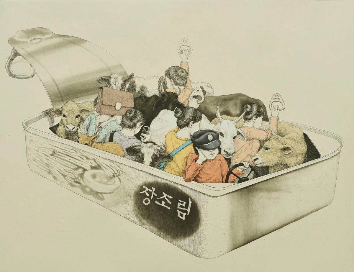 "Bus" by Sohee Kim, ink on paper, etching and chine-colle, 38x50”