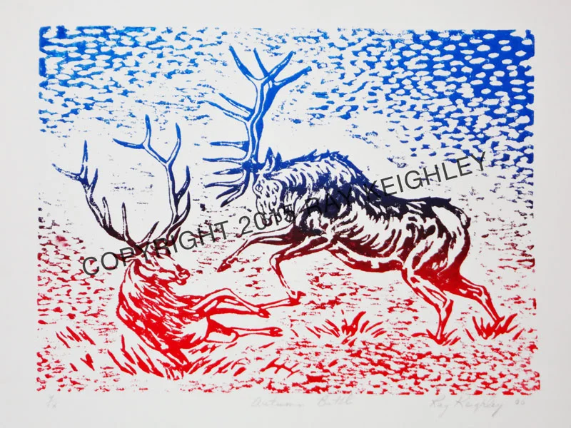 Ray Keighley, “Autumn Battle”, 9”x12”, linocut on paper, $485.00