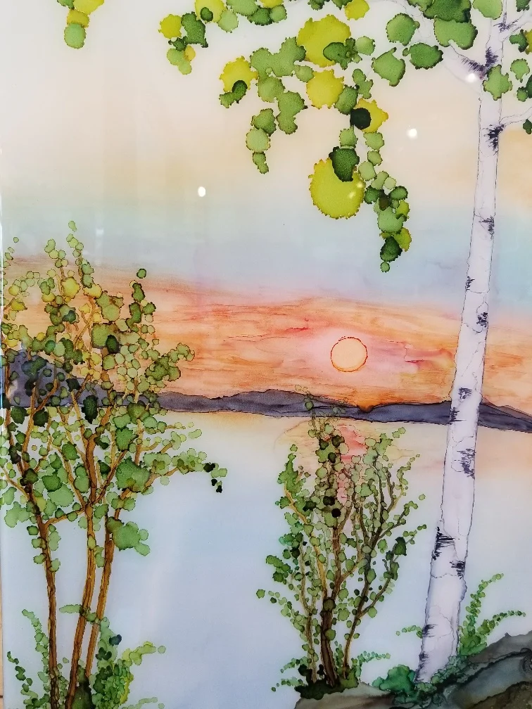 Penny Gabor, Kissing Lake; Alcohol ink on synthetic paper, mounted on birch panel, resin; 12x24; $495