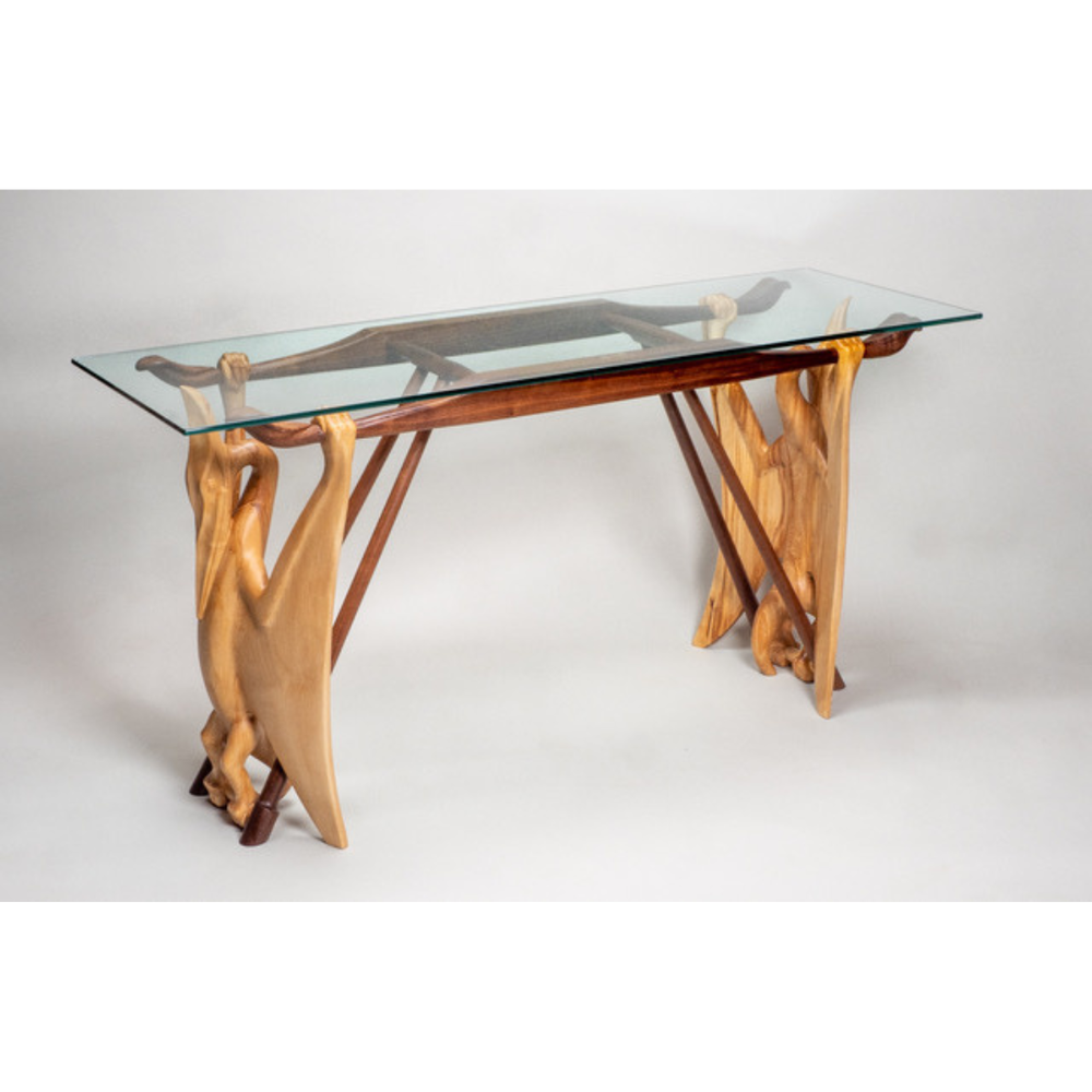Jamie Russell, “Pterodactyls”, table-birch figures ;walnut structure, glass top, 75x150x50cm, $6,000, available at The Hand Wave Gallery