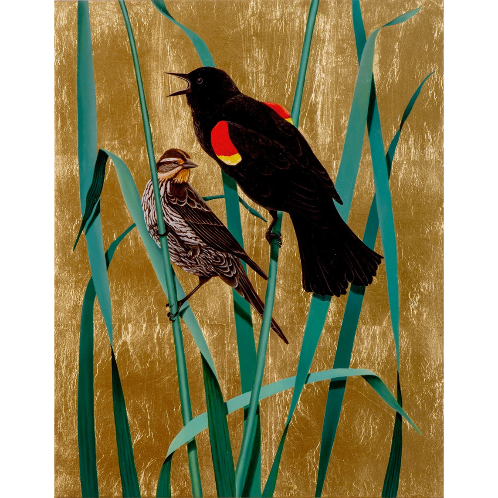 Marsha Kennedy, “Red-Winged Blackbird Pair”, 2022, painting, oils, composition leaf on birch panel, 15 1/4 x 12 1/16”, available at Slate Fine Art Gallery