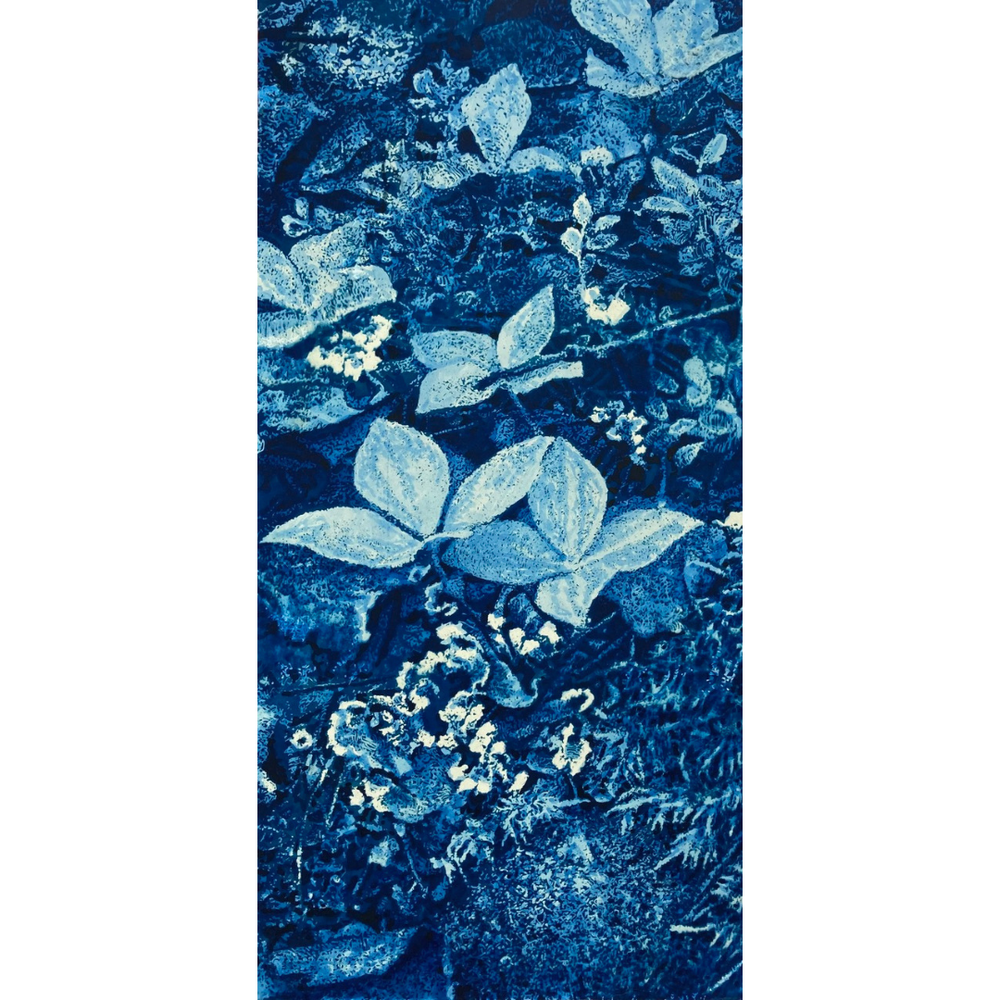 Ward Schell, “Life”, 2022, painting, cyanotype, acrylic, ink, on watercolour paper mounted on wood panel, 3 of 4, 20x10”, available at Slate Fine Art Gallery
