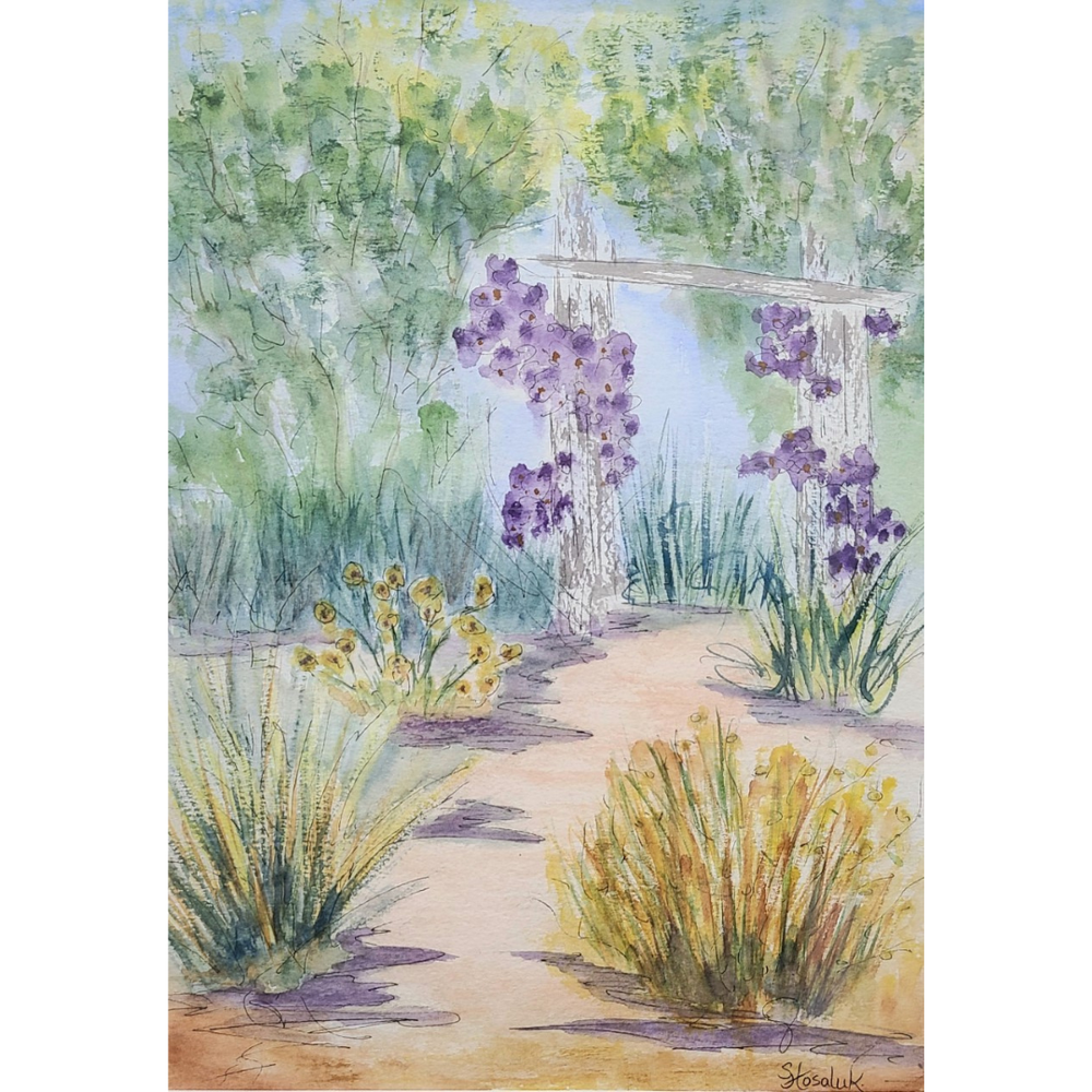 Shelley Hosaluk, “Meditation Garden”, watercolour on paper, 14x10”, $350, framed, available at Collector's Choice Art Gallery