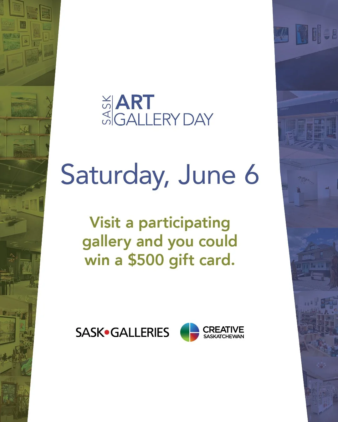 Visit your local gallery for Saskatchewan Art Gallery Day, and you could win a $500 gift card! 🤩⁠
⁠
Saturday, June 6, is the provincially-declared Saskatchewan Art Gallery Day. Visit a participating gallery and enter for your chance to win a $500 Sa