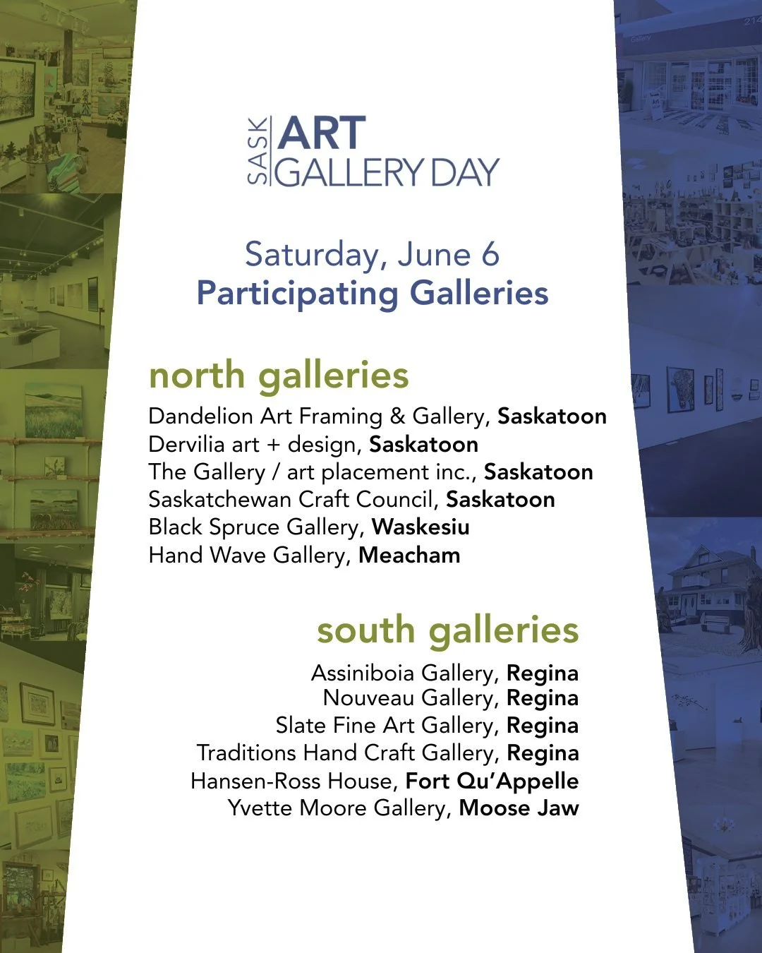 It&rsquo;s almost Saskatchewan Art Gallery Day! 🙌

Your local commercial gallery is the community hub where you can experience local original art curated by the experts. Join us on Saturday, June 6, for our Saskatchewan Art Gallery Day gallery hop a